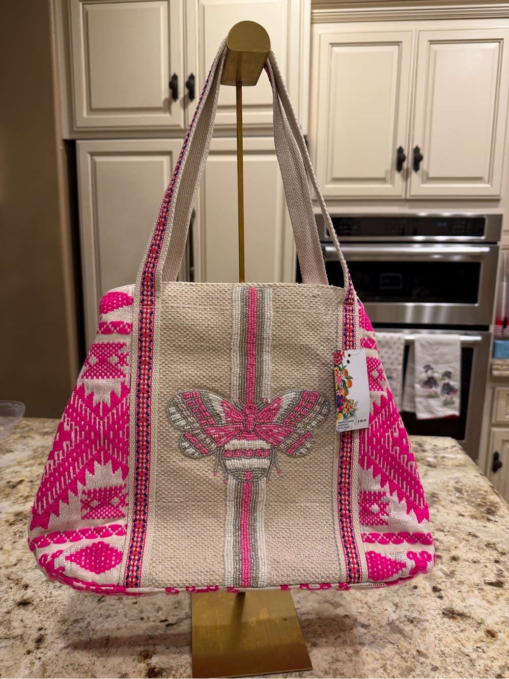 Handwoven Pink Embroidered Canvas Tote Bag